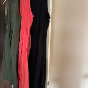 J. Crew Factory Trio: Olive, Coral, and Black Midi Dresses